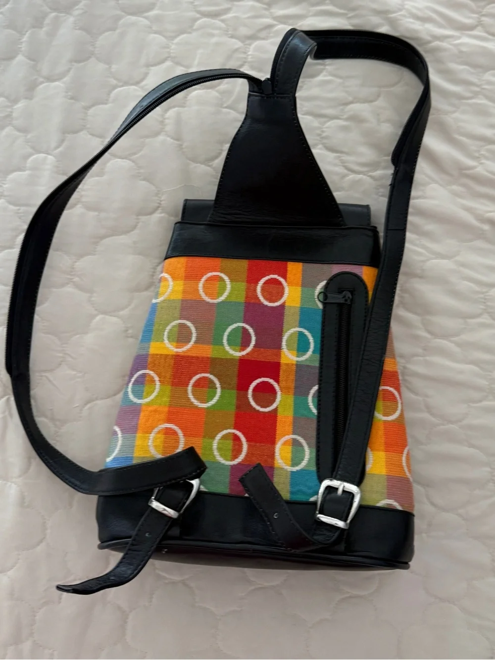 Multicolor Canvas & Black Leather Accent Backpack